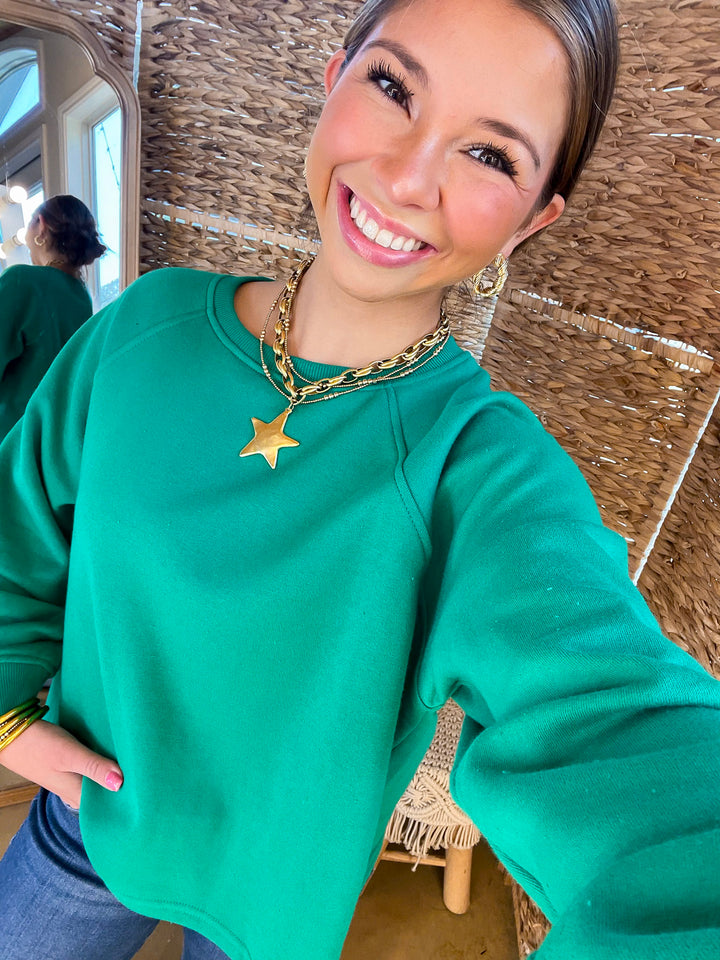 Relaxed and Refined Cropped Luxe Sweatshirt in Black, Kelly Green, and Forest Green