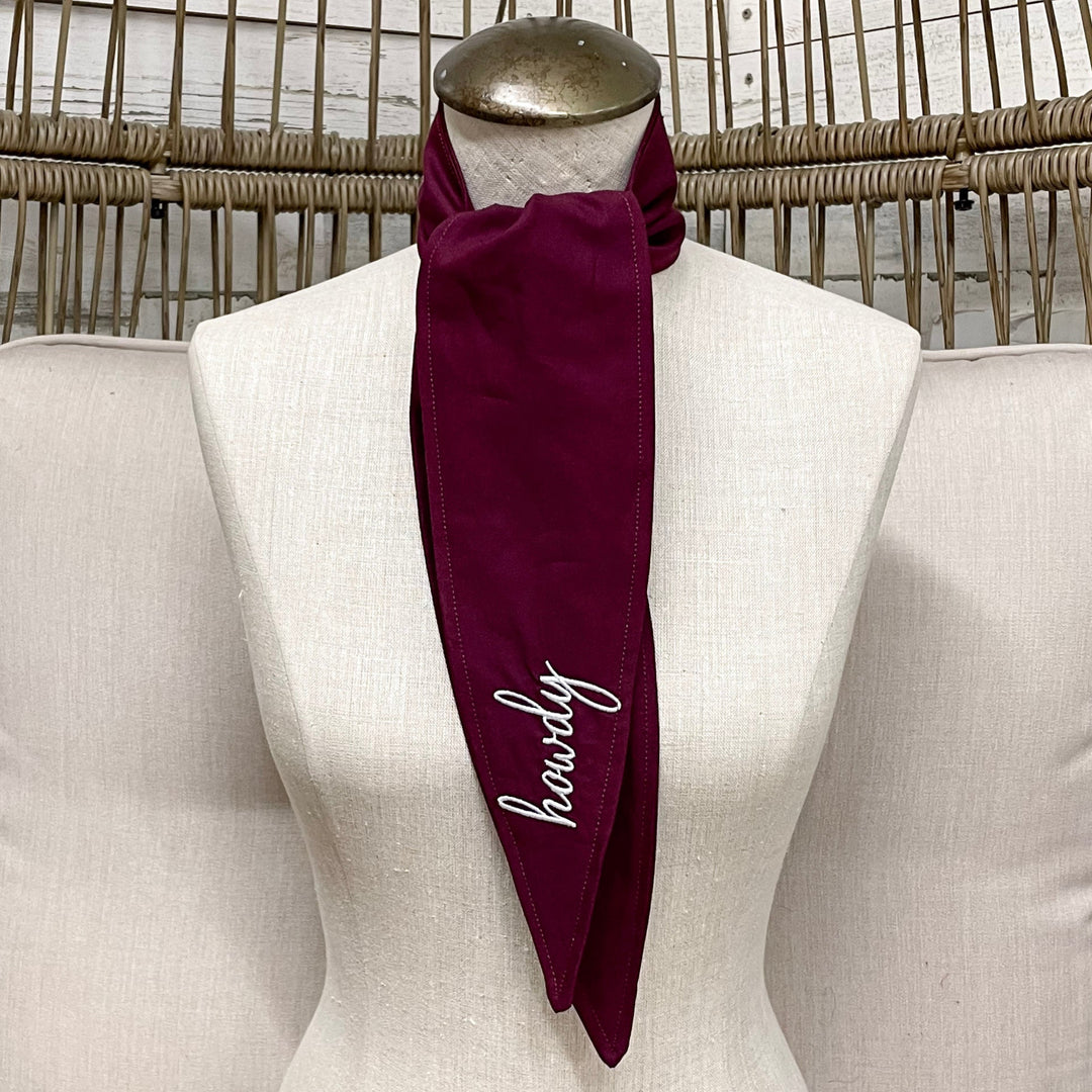 Howdy Embroidered Ascot Scarf in Maroon