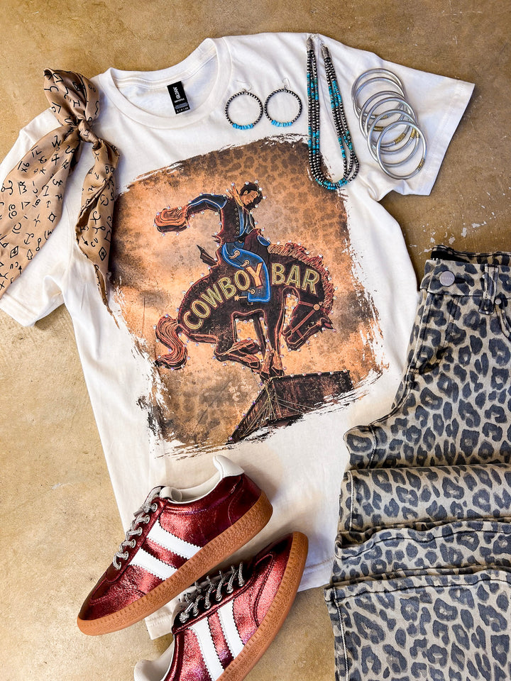 Cowboy Social Club Vintage Cowboy Bar Printed Short Sleeve Graphic Tee with Crystals in Cream
