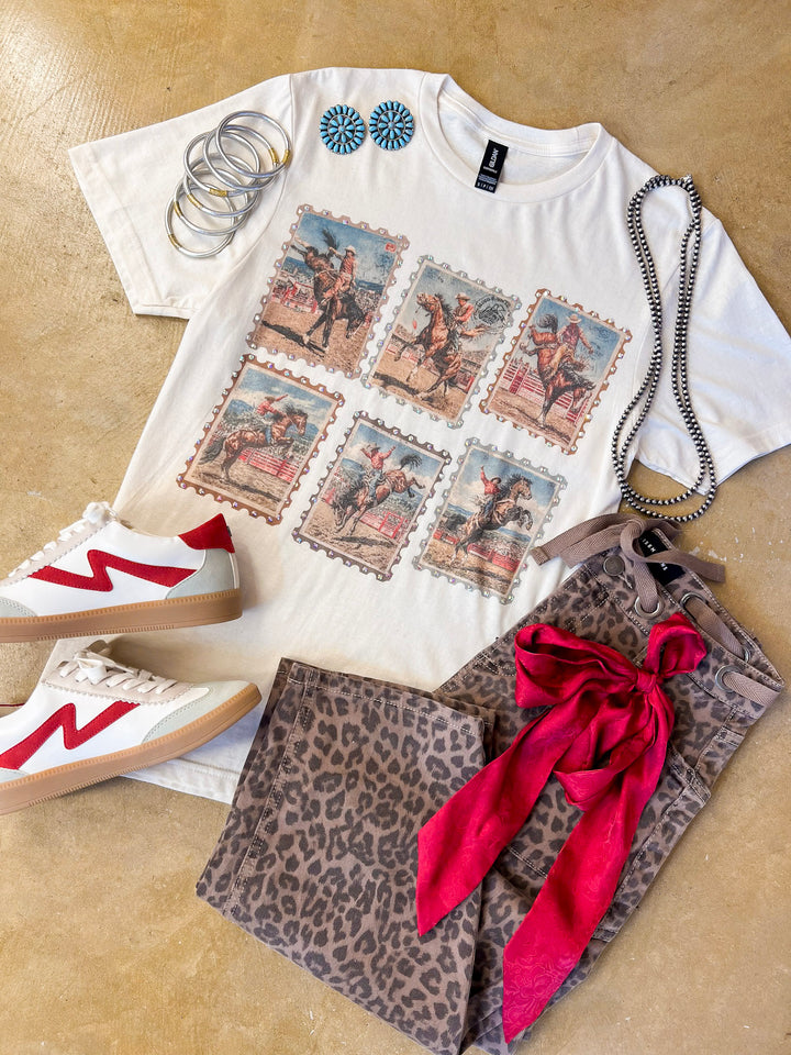 Postcards from the West Vintage Rodeo Printed Short Sleeve Graphic Tee with Crystals in Cream