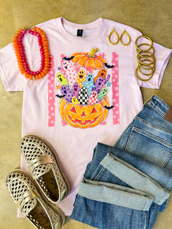 Pick of the Patch Colorful Ghost &amp; Jack-O’-Lantern Halloween Graphic Tee in Light Pink