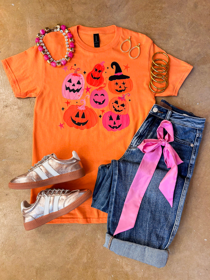 Up to No Gourd Pink &amp; Orange Jack-O’-Lantern Halloween Graphic Tee in Orange