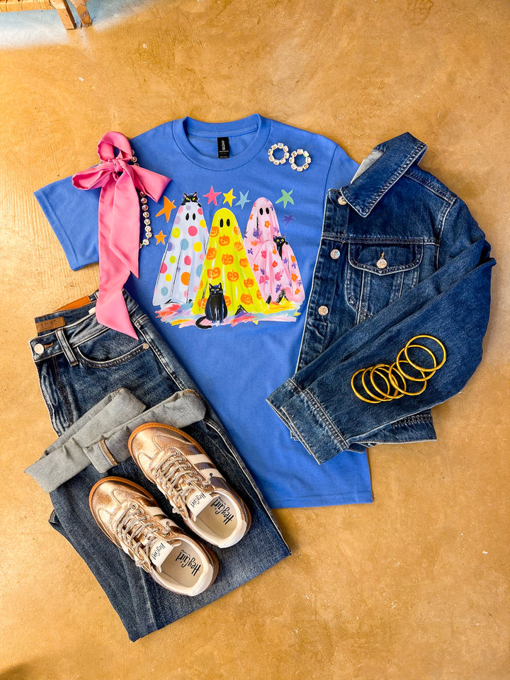 The Boo Crew Colorful Ghost Printed Halloween Graphic Tee in Periwinkle Blue