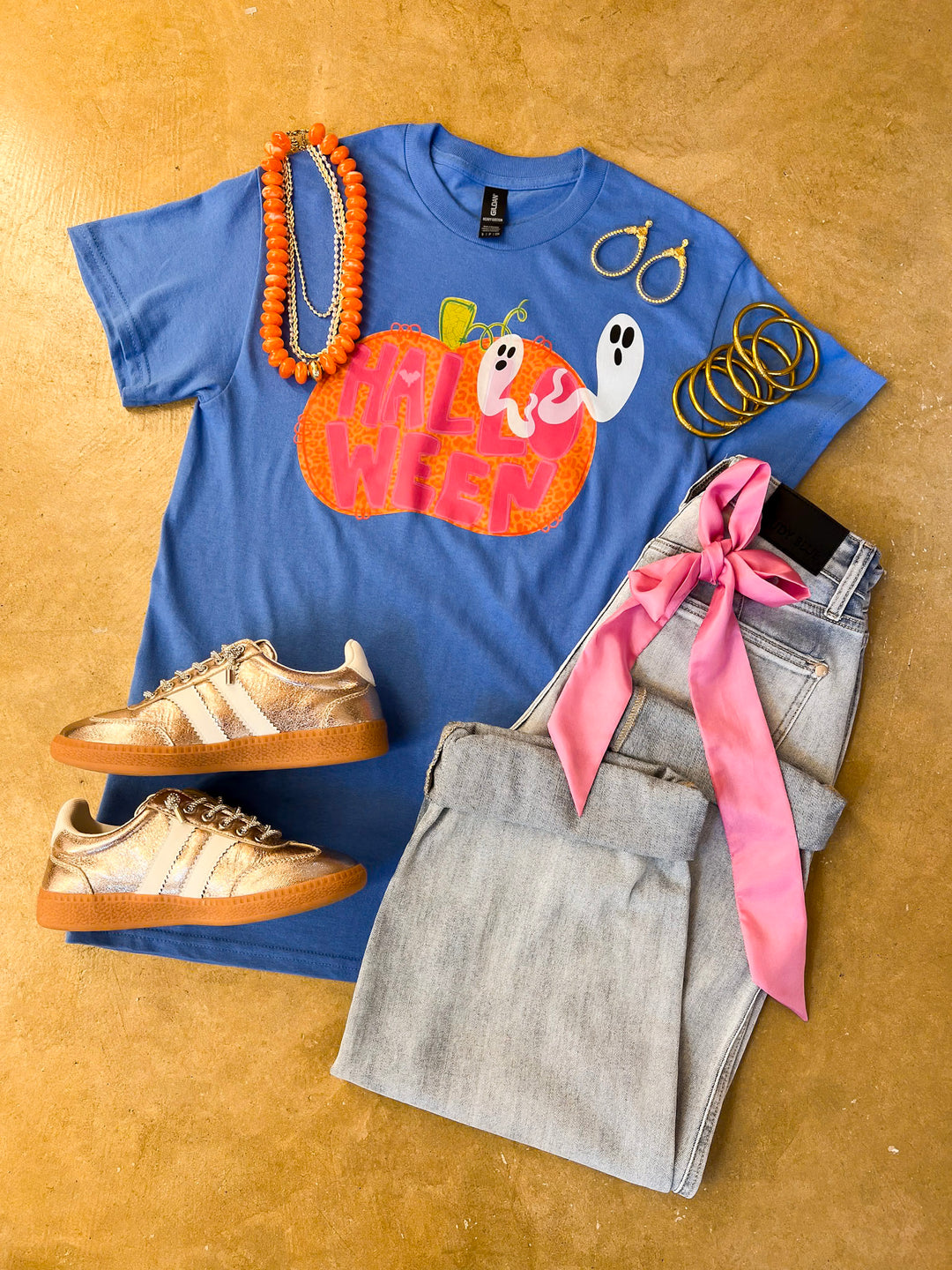 Boo Thing Colorful Leopard Print Pumpkin and Ghost Halloween Graphic Tee in Periwinkle Blue