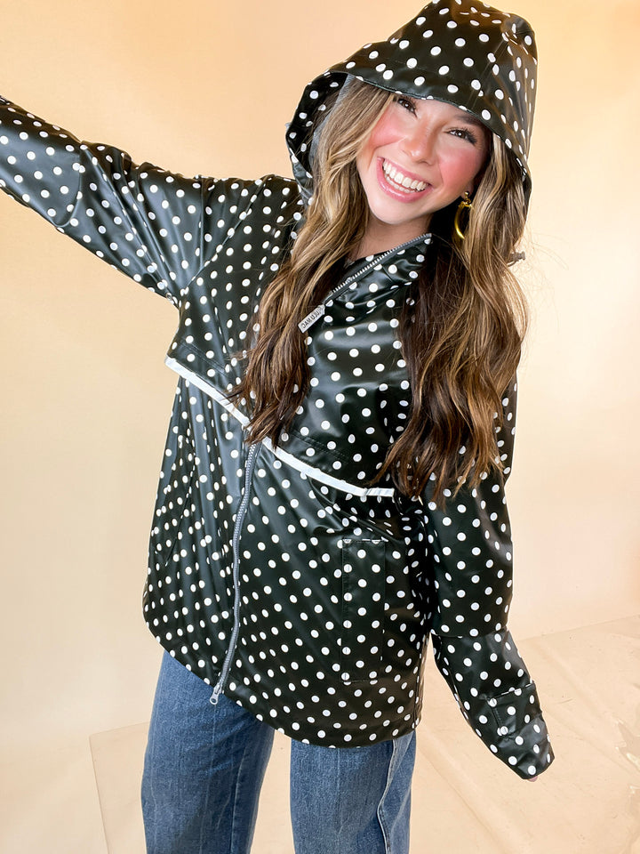 Lulu Mac | Chic Forecast Ivory Polka Dot Hooded Rain Jacket in Black