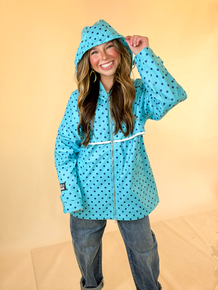 Lulu Mac | Chic Forecast Navy Blue Polka Dot Hooded Rain Jacket in Turquoise Blue