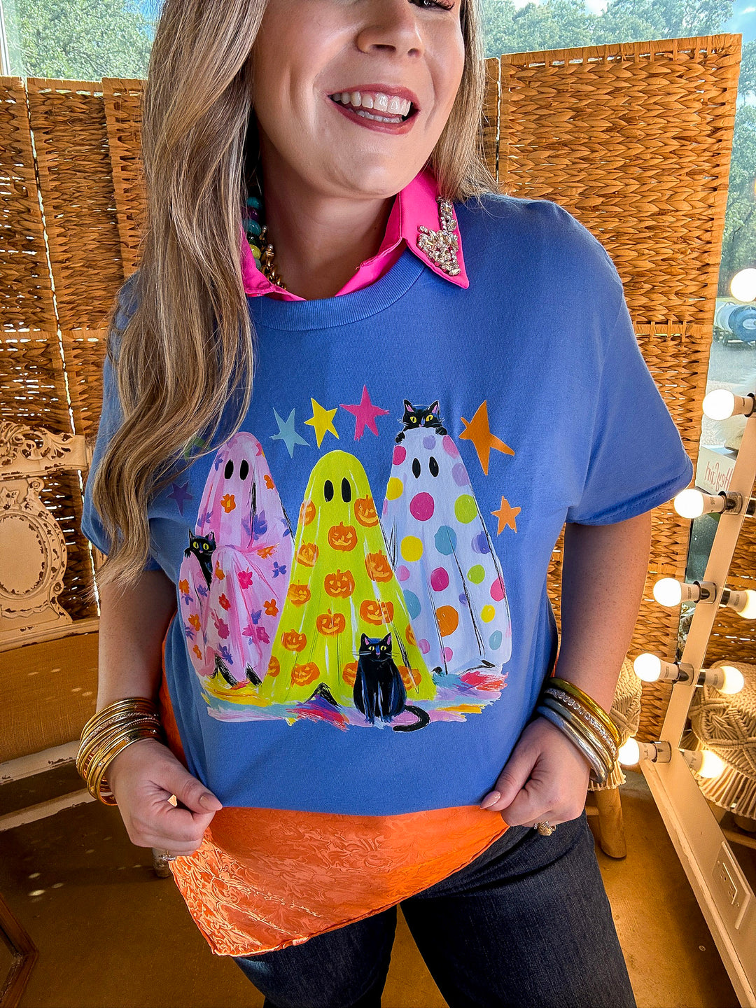 The Boo Crew Colorful Ghost Printed Halloween Graphic Tee in Periwinkle Blue