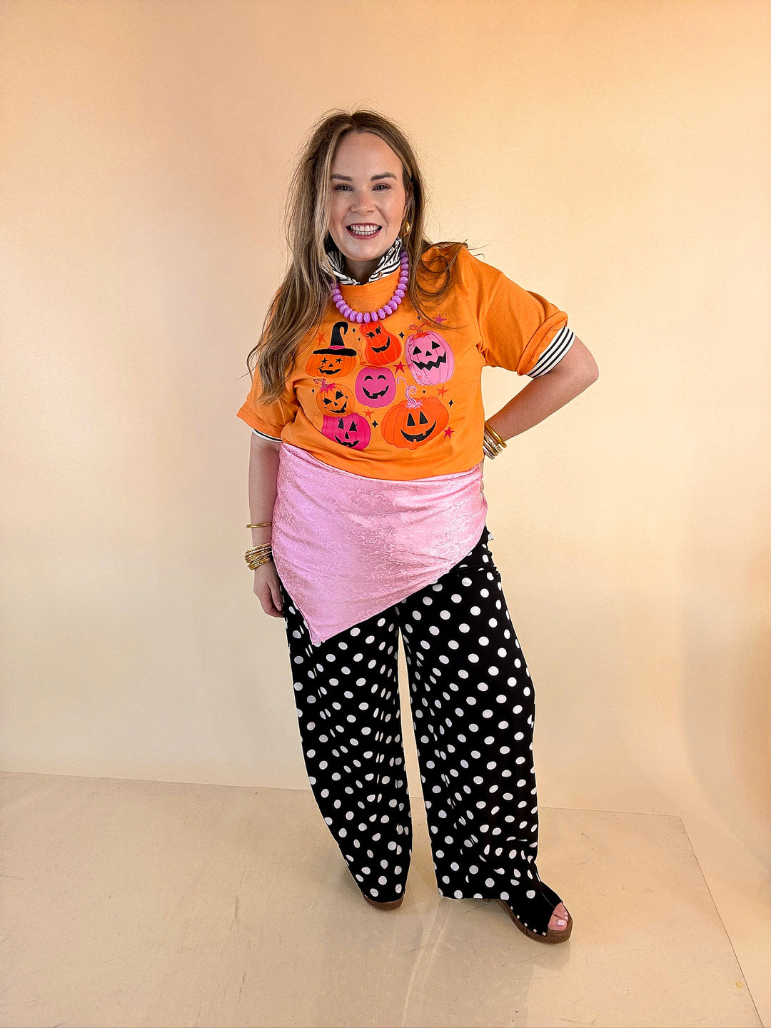 Up to No Gourd Pink &amp; Orange Jack-O’-Lantern Halloween Graphic Tee in Orange