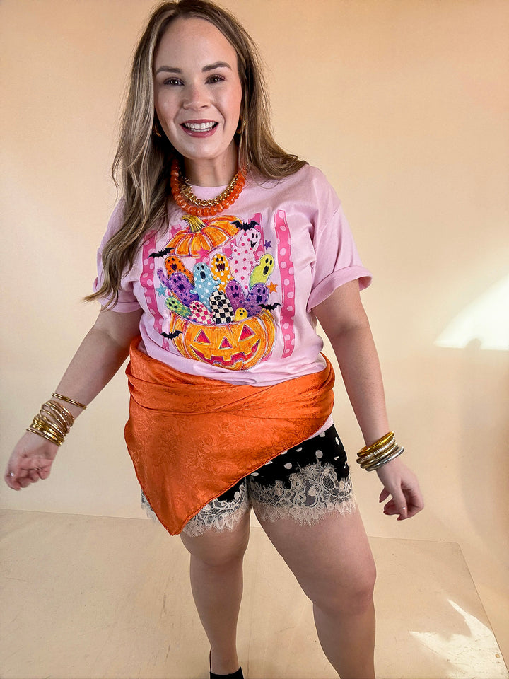 Pick of the Patch Colorful Ghost &amp; Jack-O’-Lantern Halloween Graphic Tee in Light Pink
