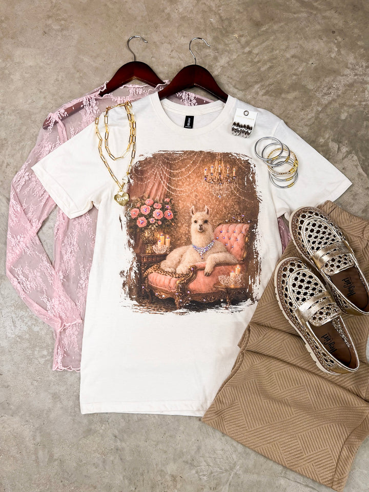 Lucy Lou Glam Pink Llama Short Sleeve Graphic Tee with Crystals in Cream