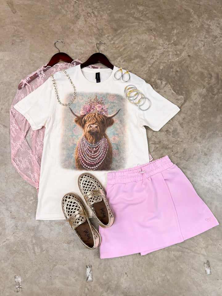 Highland Honey Glam Floral Crown Highland Print Short Sleeve Graphic Tee with Crystals in Cream