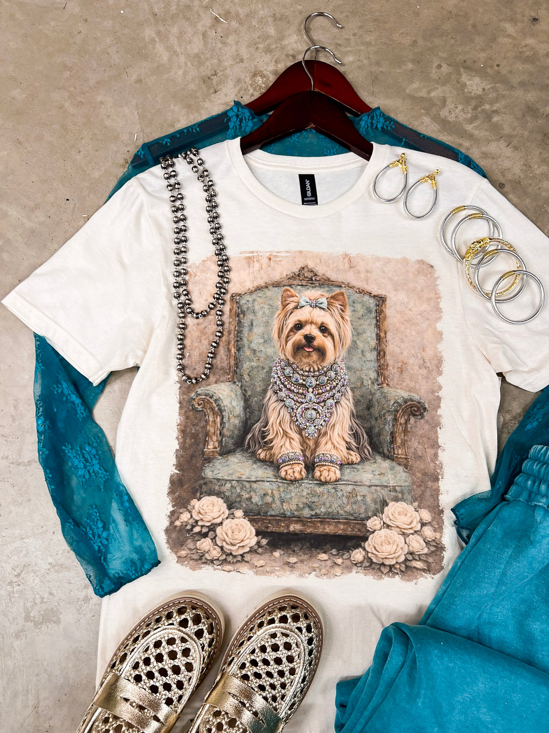 Prissy Penny Glam Turquoise Blue Yorkie Short Sleeve Graphic Tee with Crystals in Cream
