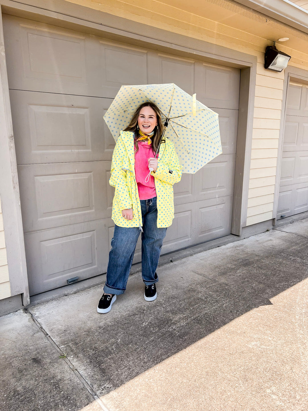 Lulu Mac | Chic Forecast Turquoise Blue Polka Dot Hooded Rain Jacket in Yellow
