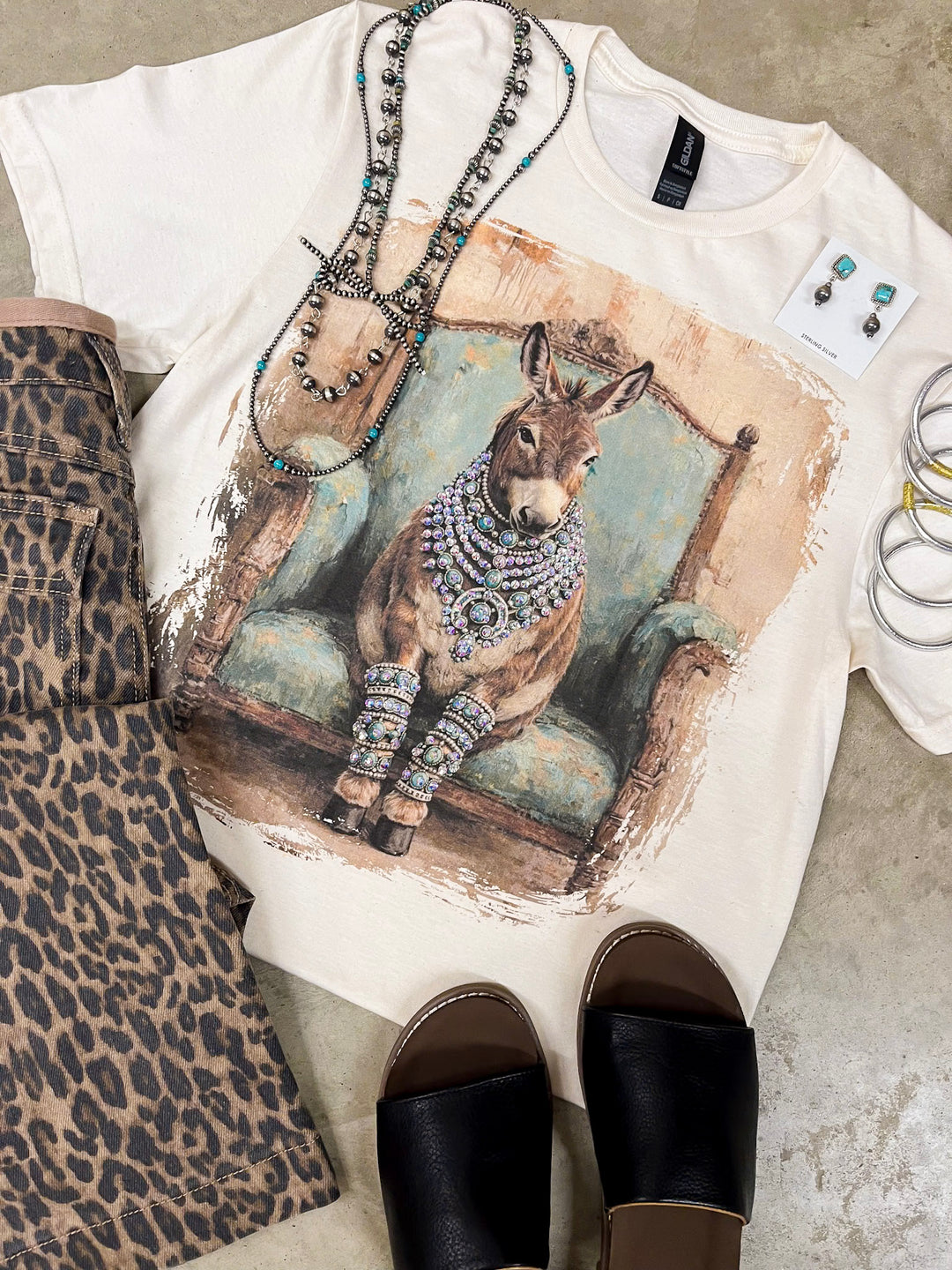 Turquoise Tilly Glam Turquoise Blue Donkey Short Sleeve Graphic Tee with Crystals in Cream