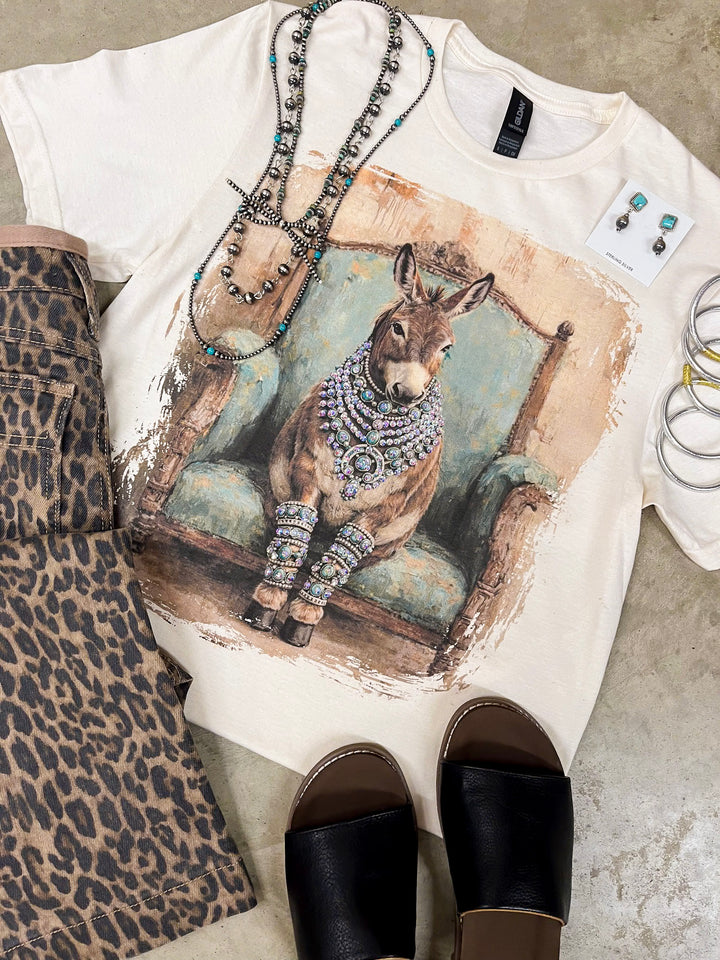 Turquoise Tilly Glam Turquoise Blue Donkey Short Sleeve Graphic Tee with Crystals in Cream