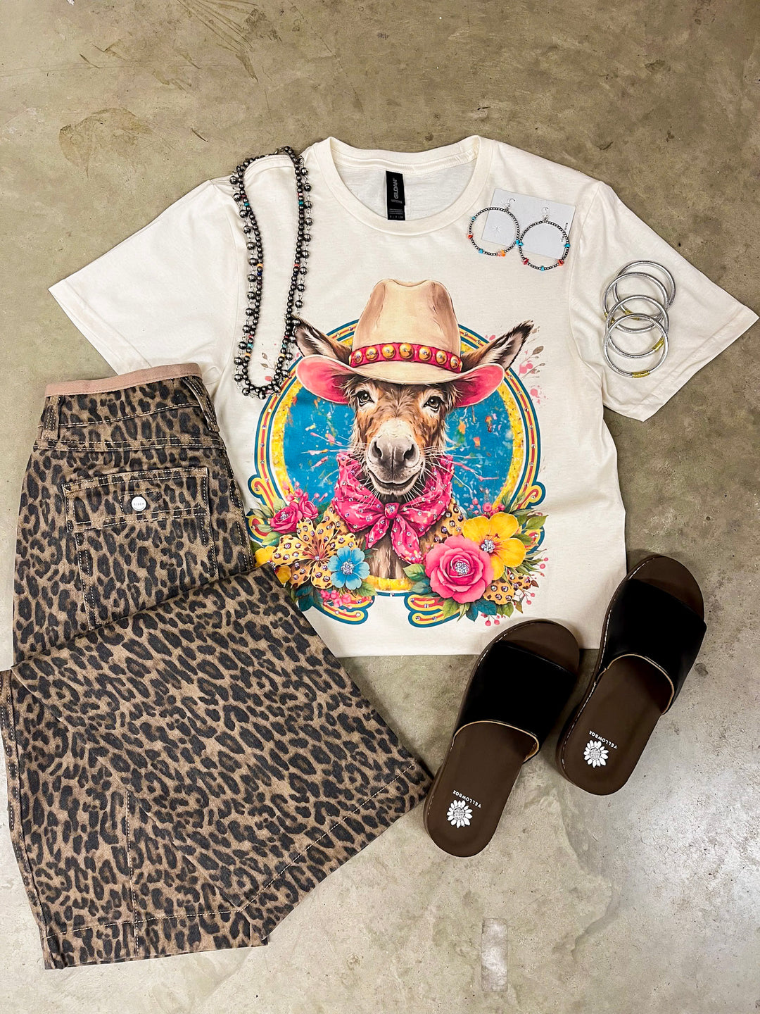 Sally Sue Western Colorful Donkey Short Sleeve Graphic Tee with Crystals in Cream