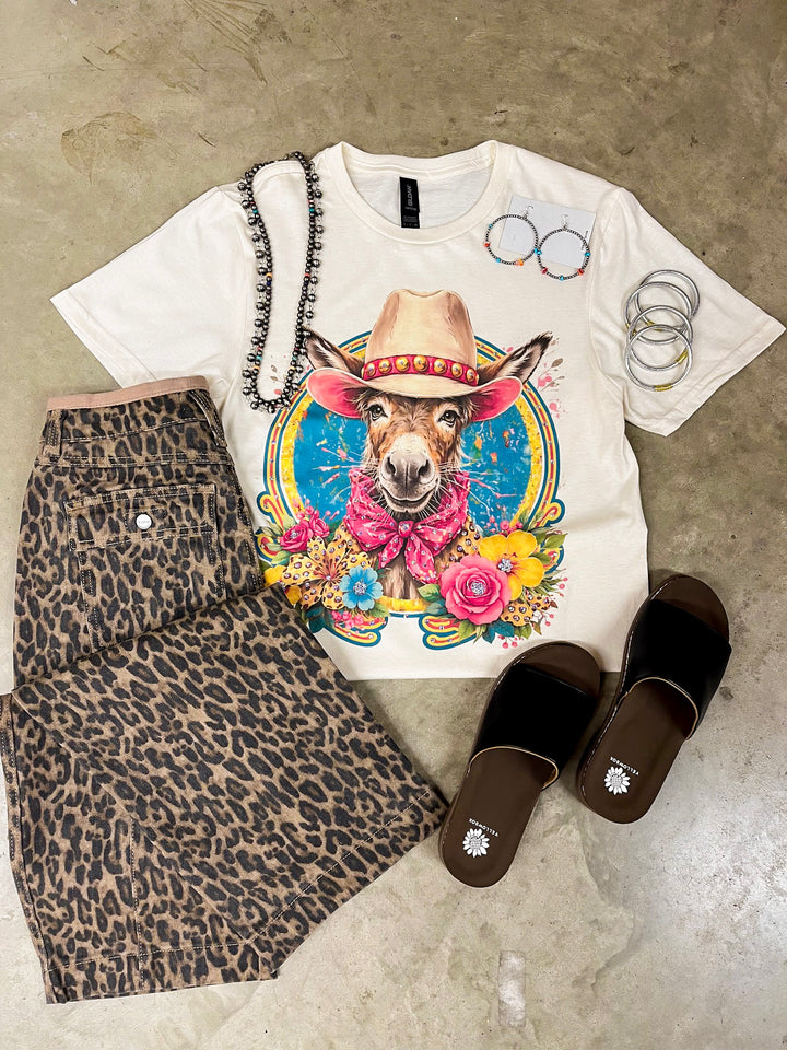 Sally Sue Western Colorful Donkey Short Sleeve Graphic Tee with Crystals in Cream