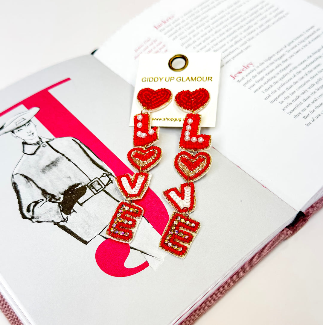 Beaded LOVE Dangle Earrings in Red - Giddy Up Glamour Boutique