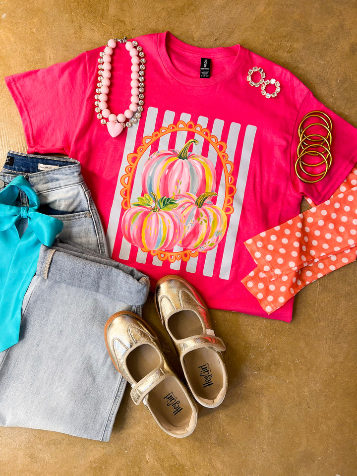 Fall in Full Color Stripe Watercolor Pumpkin Fall Graphic Tee in Hot Pink