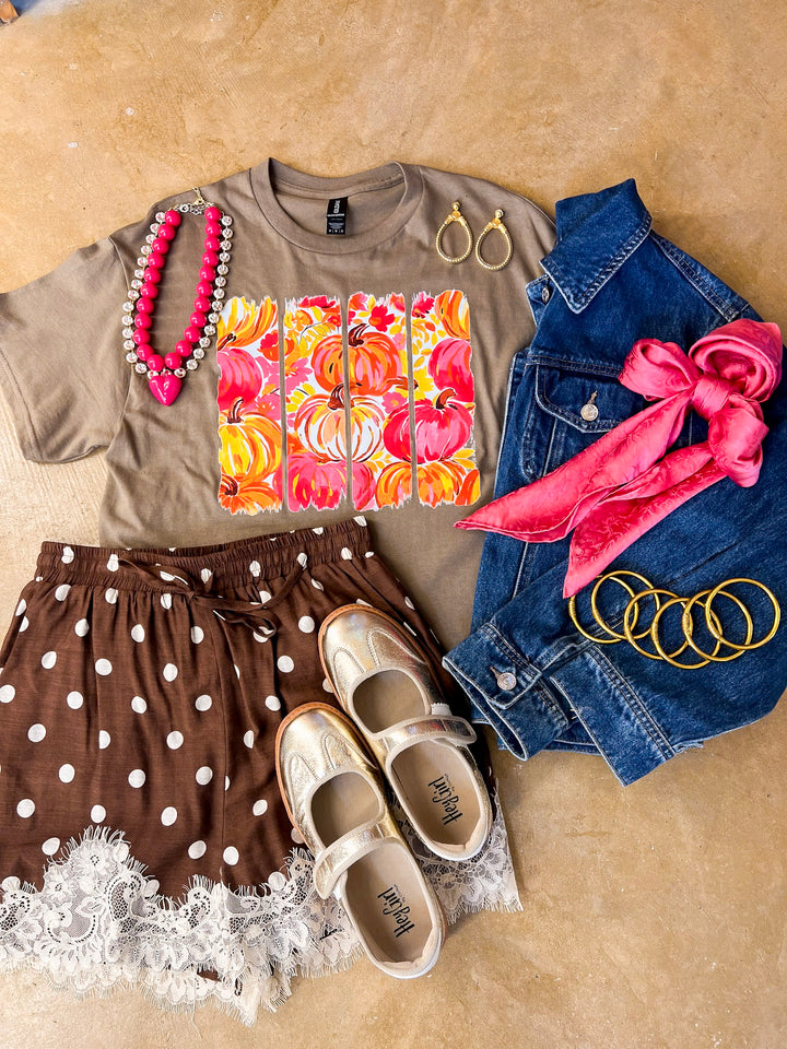 Art of the Season Painted Pumpkin and Floral Watercolor Stripes Fall Graphic Tee in Brown
