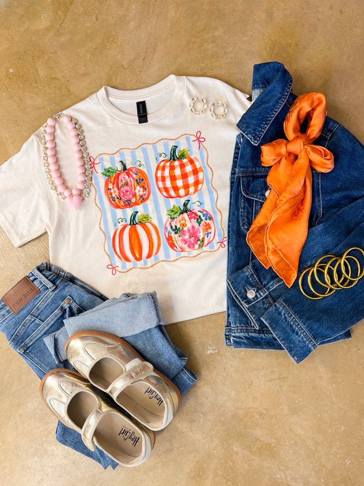 Prettiest in the Patch Stripe and Pumpkin Fall Graphic Tee in Natural