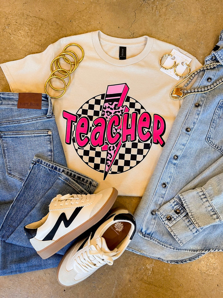 Grade with Style Teacher Short Sleeve Graphic Tee in Beige