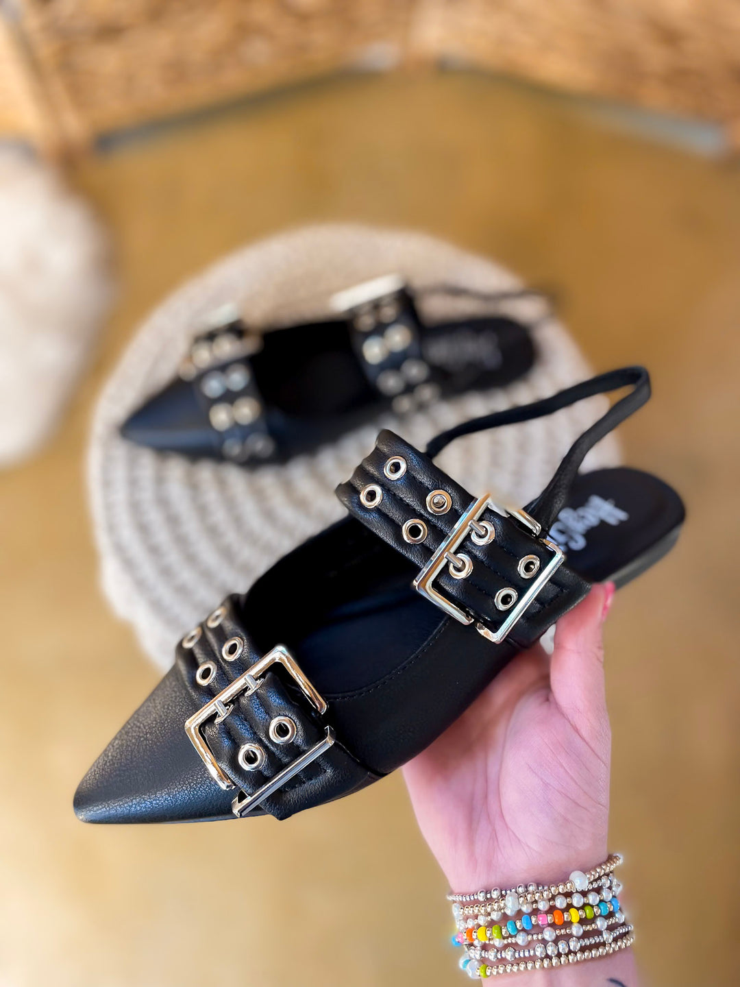 Corky's | On the Prowl Pointed Toe Buckle Slingback Mule Flat Sandal in Black