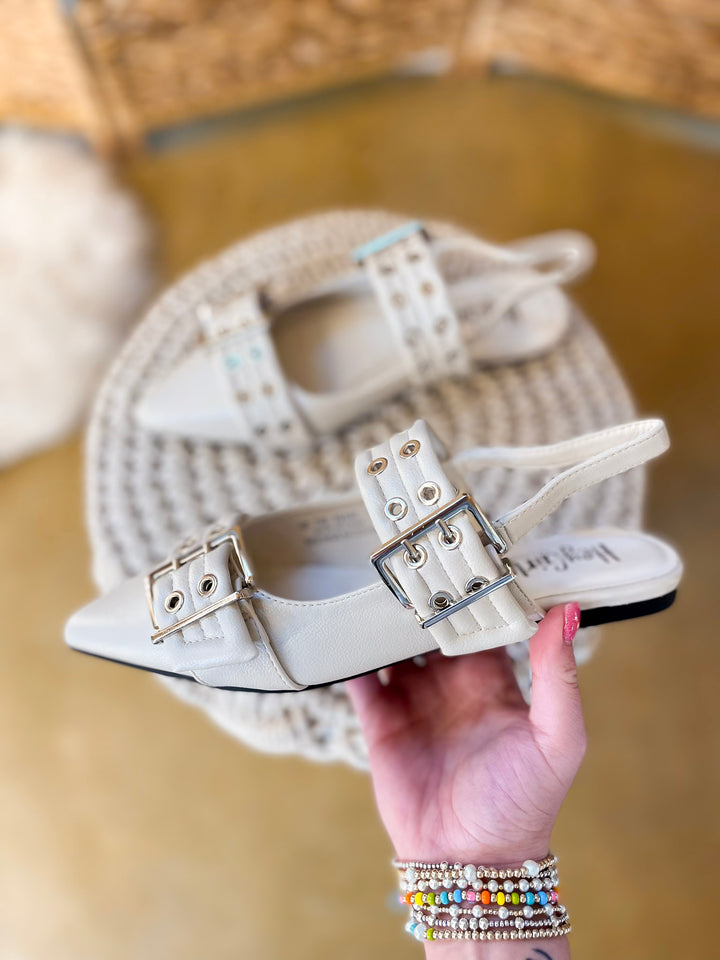 Corky's | On the Prowl Pointed Toe Buckle Slingback Mule Flat Sandal in Ivory