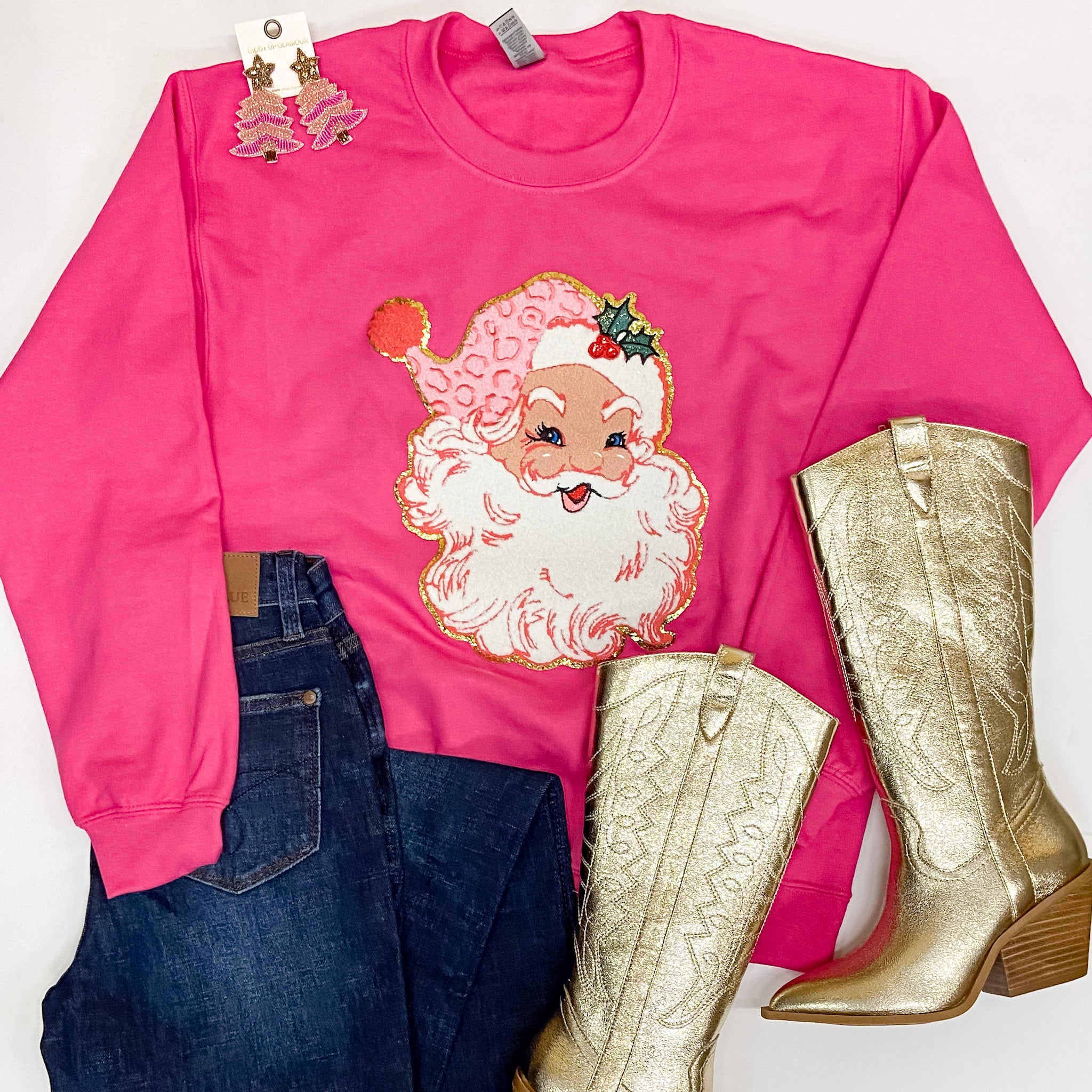 Pink Santa Chenille Patch Heliconia Long Sleeve Sweatshirt in Dark Pink - Giddy Up Glamour Boutique