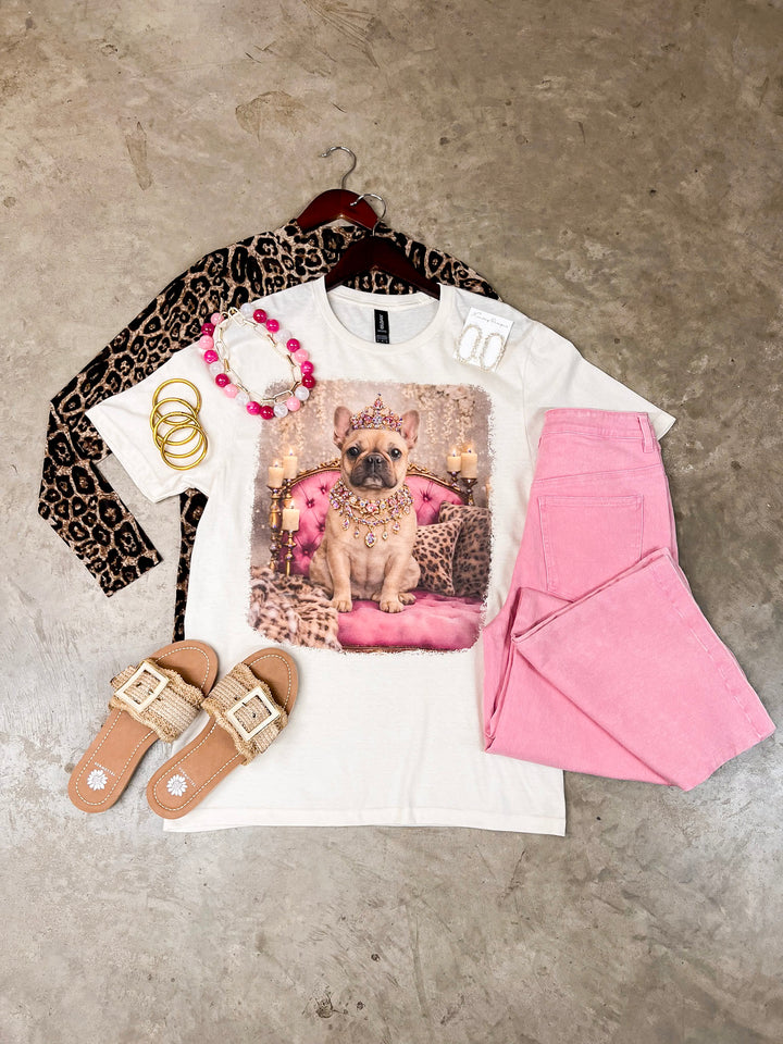 Fancy Francine the French Bulldog Printed Short Sleeve Graphic Tee with Crystals in Cream