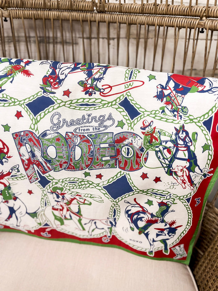 XOXO Art & Co | Greetings from the Rodeo Print Shorty Wild Rag Scarf in Ivory, Green, Red and Blue