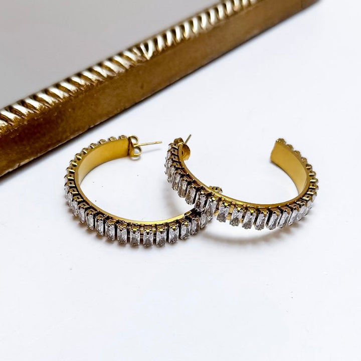 CHANSUTT PEARLS | Large Baguette Rectangle Rhinestone Hoop Earrings in Gold