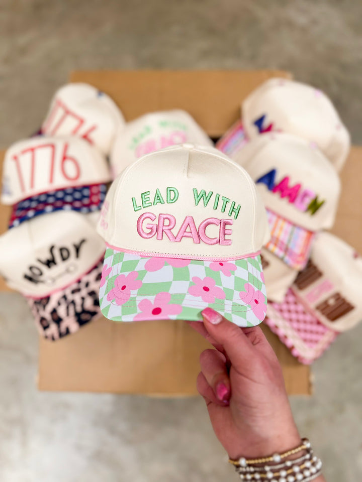 Lead with Grace Foam Trucker Hat with Floral Checkered Bill in Tan
