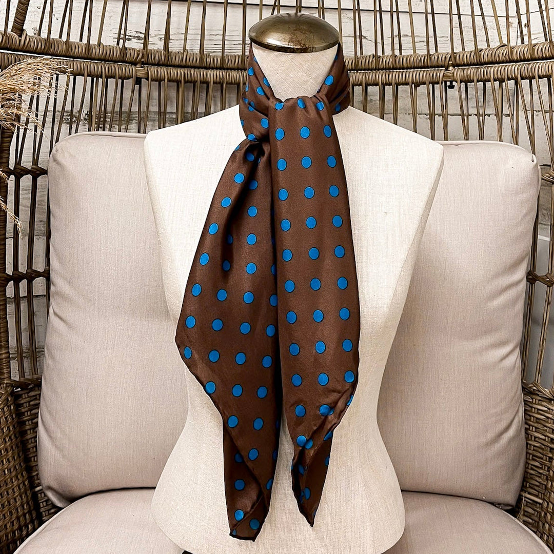 Wyoming Traders | Cowboy Polka Dot Silk Wild Rag Scarf in Mocha Brown and Turquoise