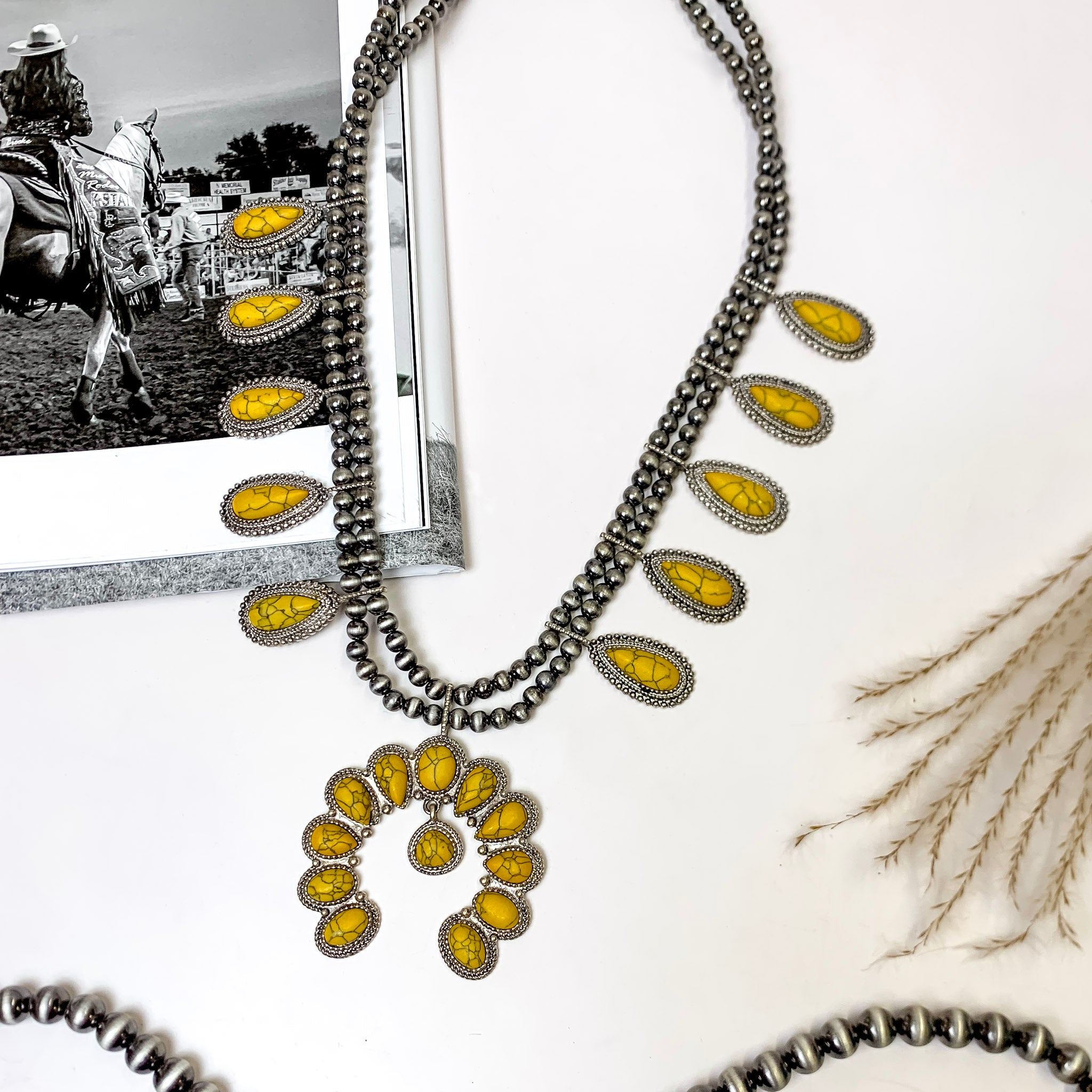 She's Gone Country Squash Blossom Necklace with Naja Pendant and Faux Stone Dangle in Mustard Yellow
