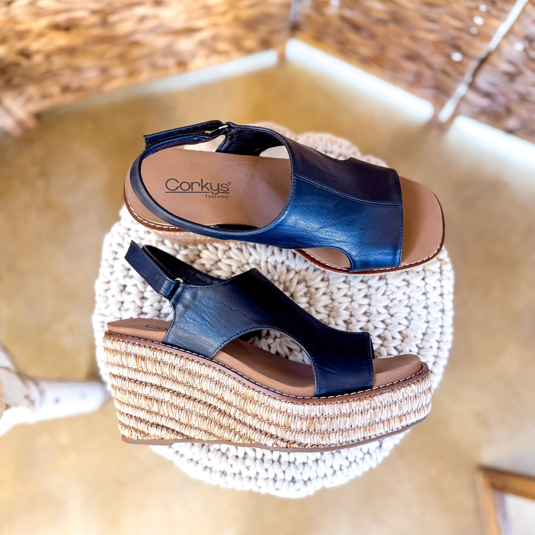 Corky's | Freddie Wedge Sandal with Velcro Strap in Black Smooth
