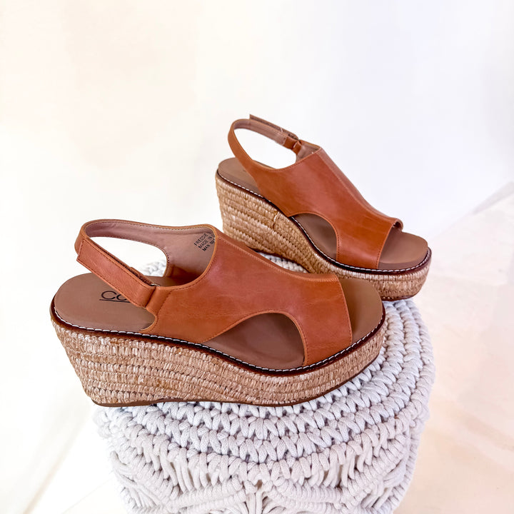 Corky's | Freddie Wedge Sandal with Velcro Strap in Cognac Smooth
