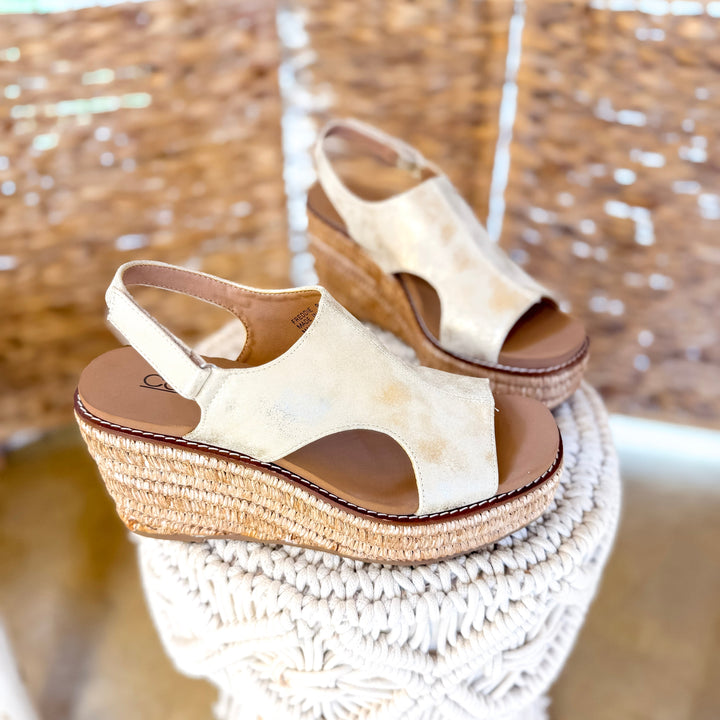 Corky's | Freddie Wedge Sandal with Velcro Strap in Gold Washed Metallic
