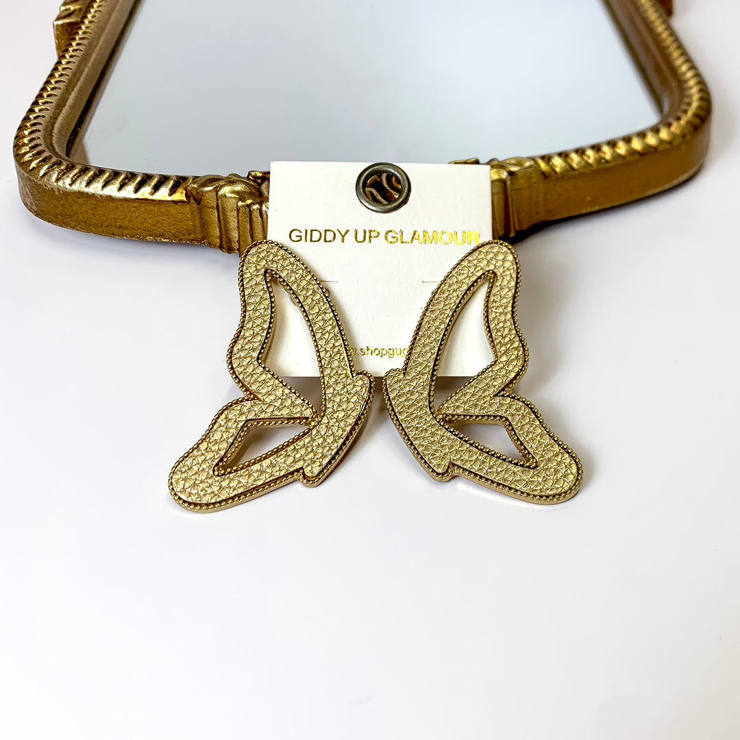 Butterfly Kisses Leather Butterfly Earrings in Gold Tone - Giddy Up Glamour Boutique