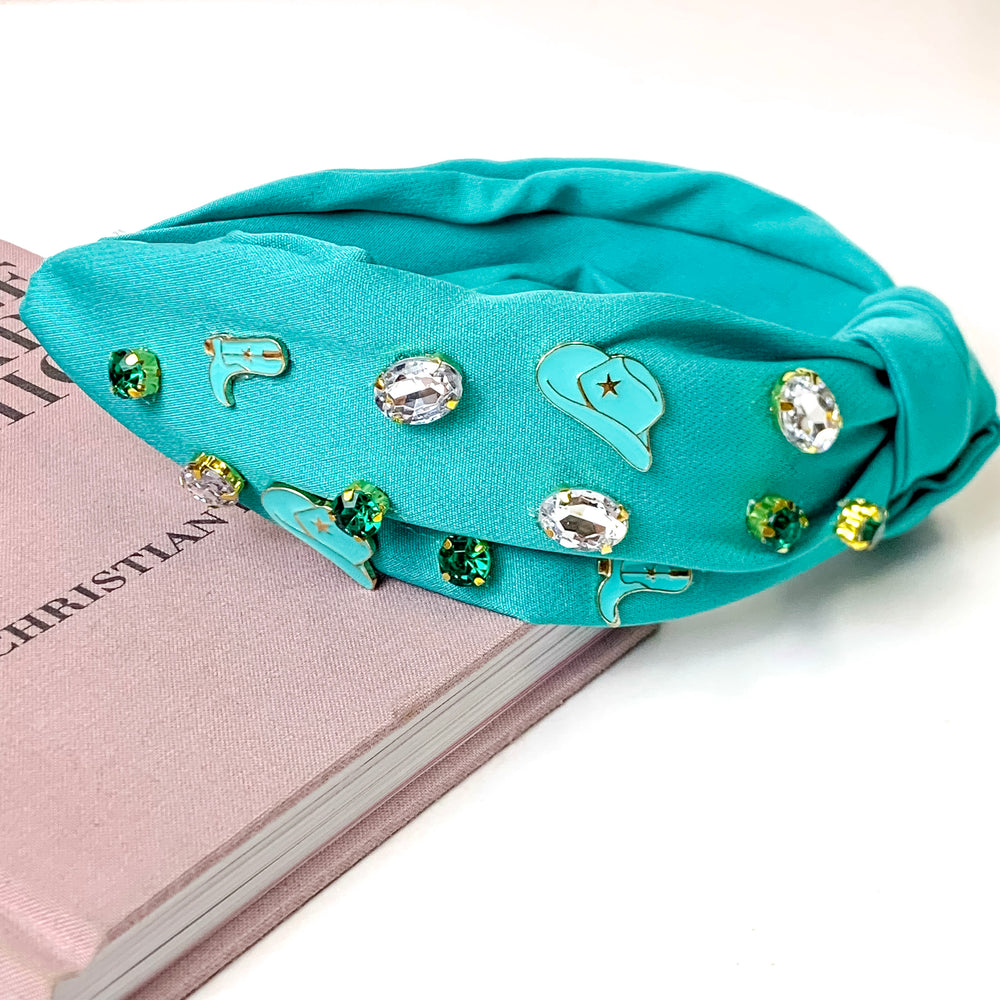 Teal Cowboy Hat and Boot Knotted Headband with Crystal Detailing - Giddy Up Glamour Boutique