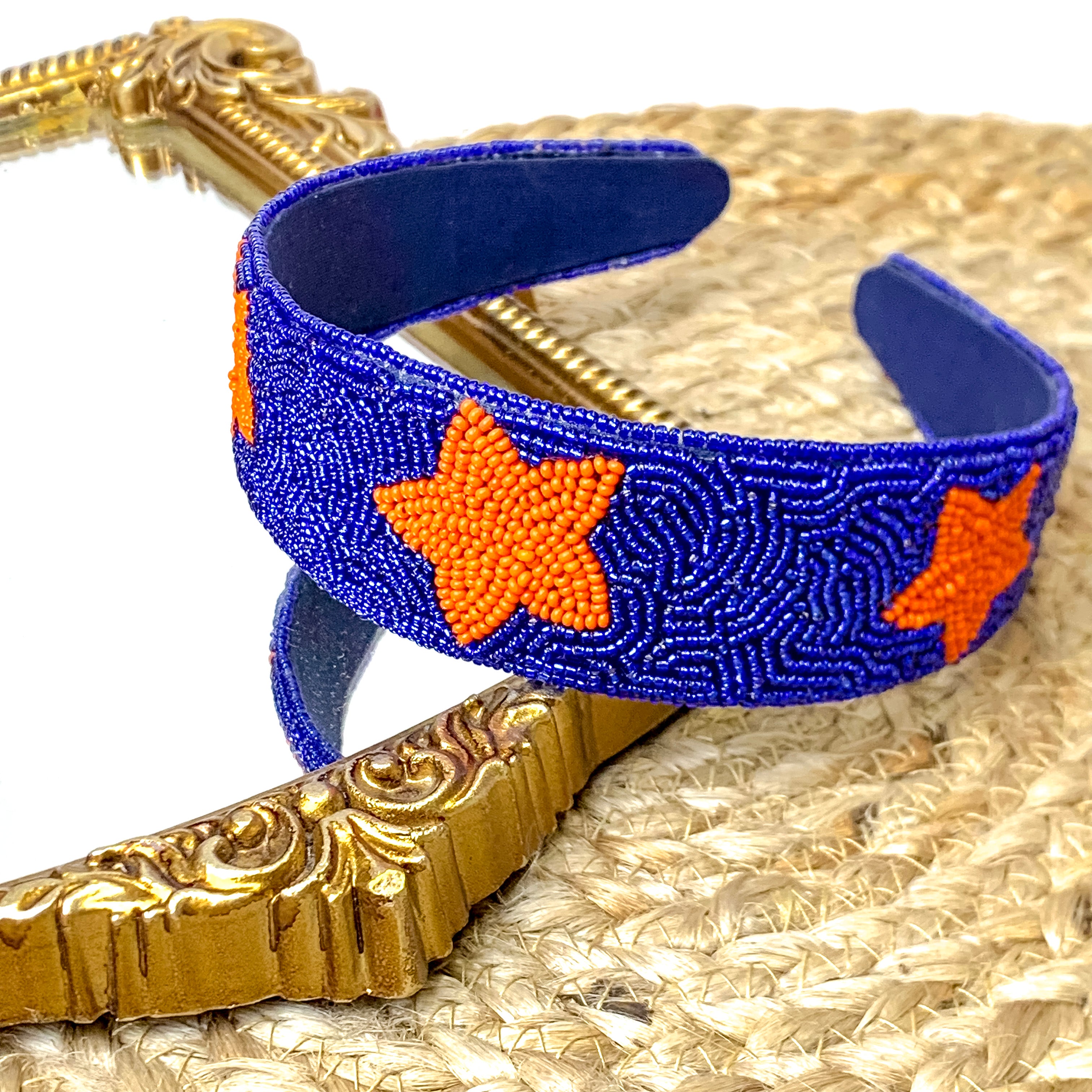 Team Spirit Navy Blue Seed Bead Headband with Orange Stars - Giddy Up Glamour Boutique