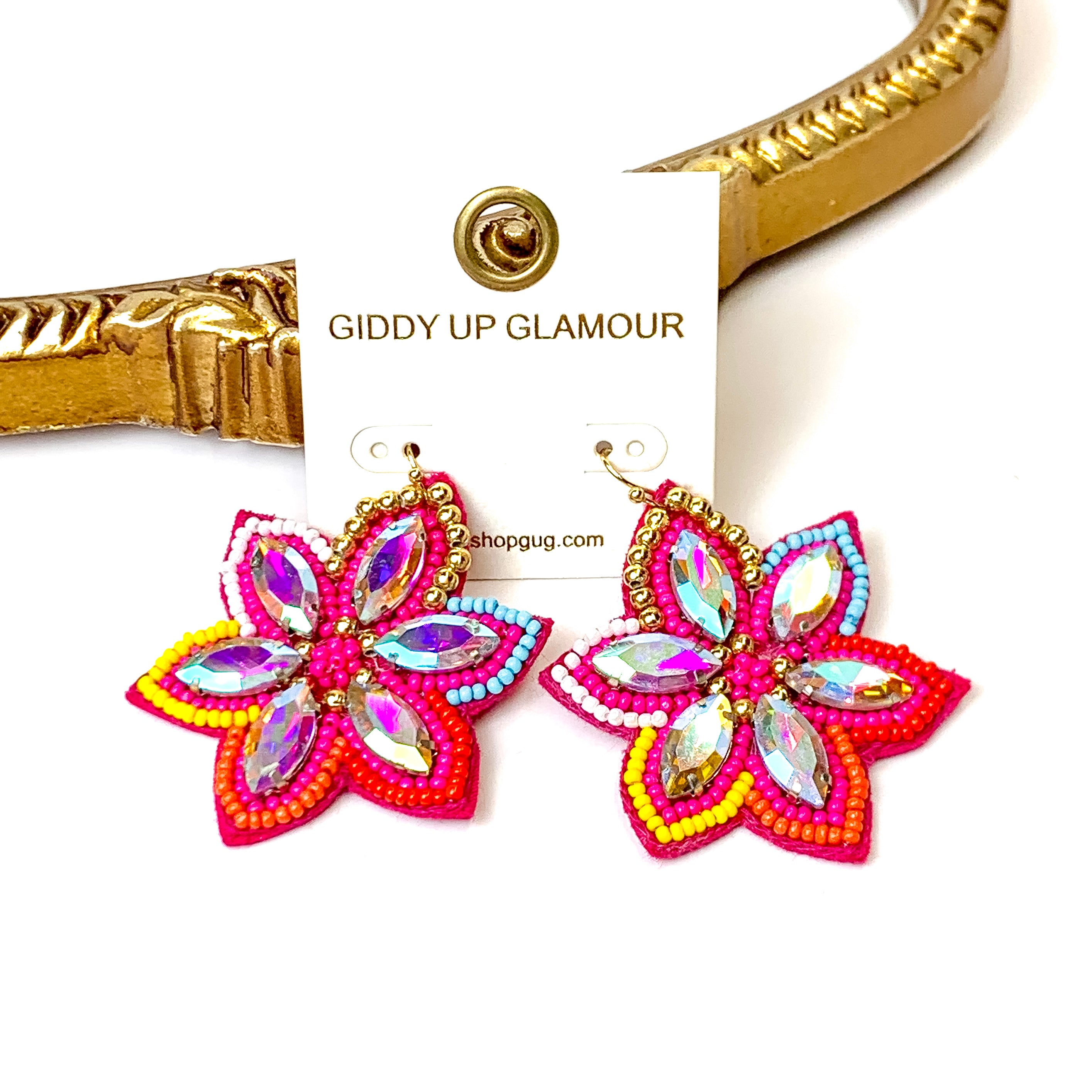 Desert Daisy Multicolored Flower Shaped Earrings with AB Crystal Accents in Fuchsia Pink - Giddy Up Glamour Boutique