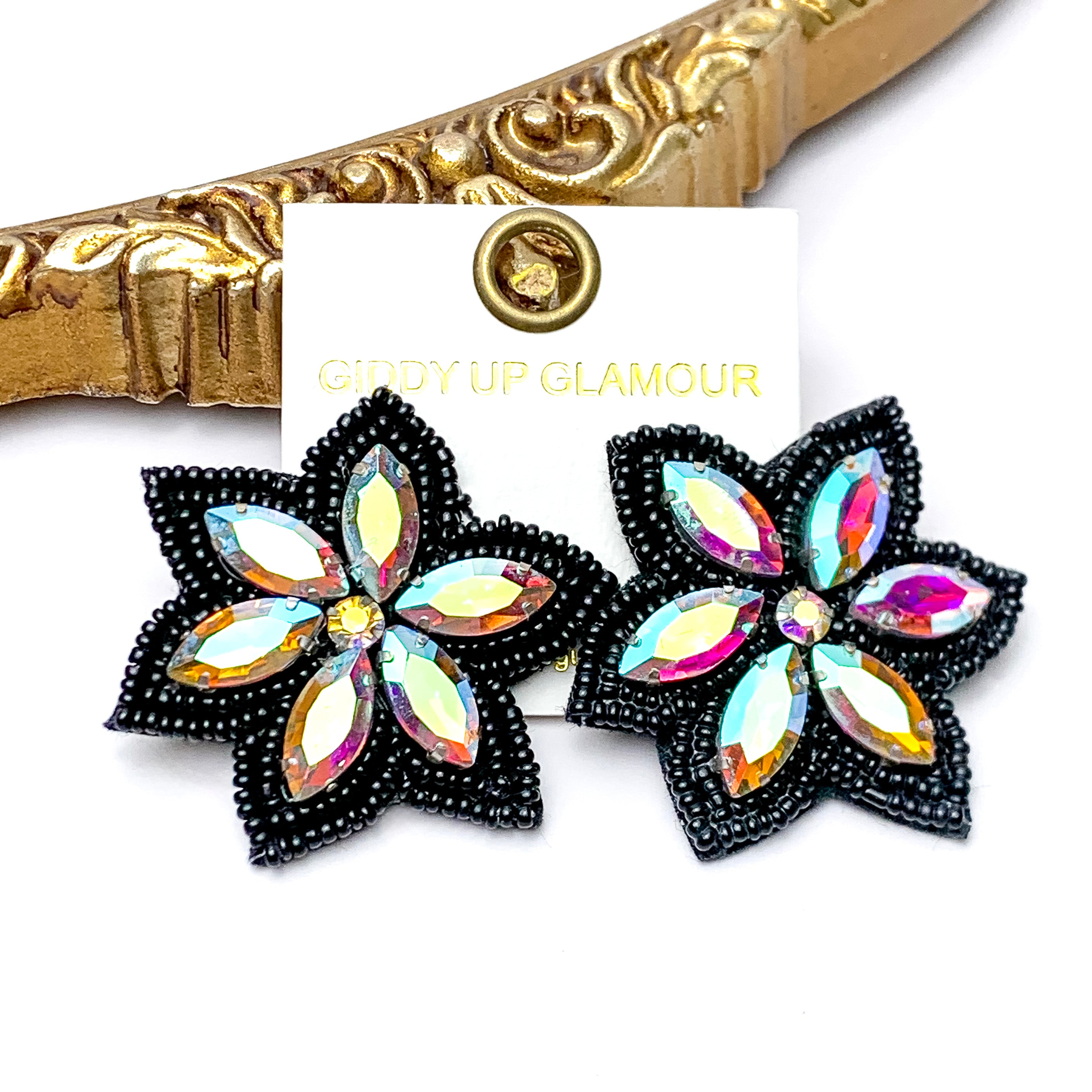 Prismatic Petals Seed Bead Flower Stud Earrings with AB stones in Black
