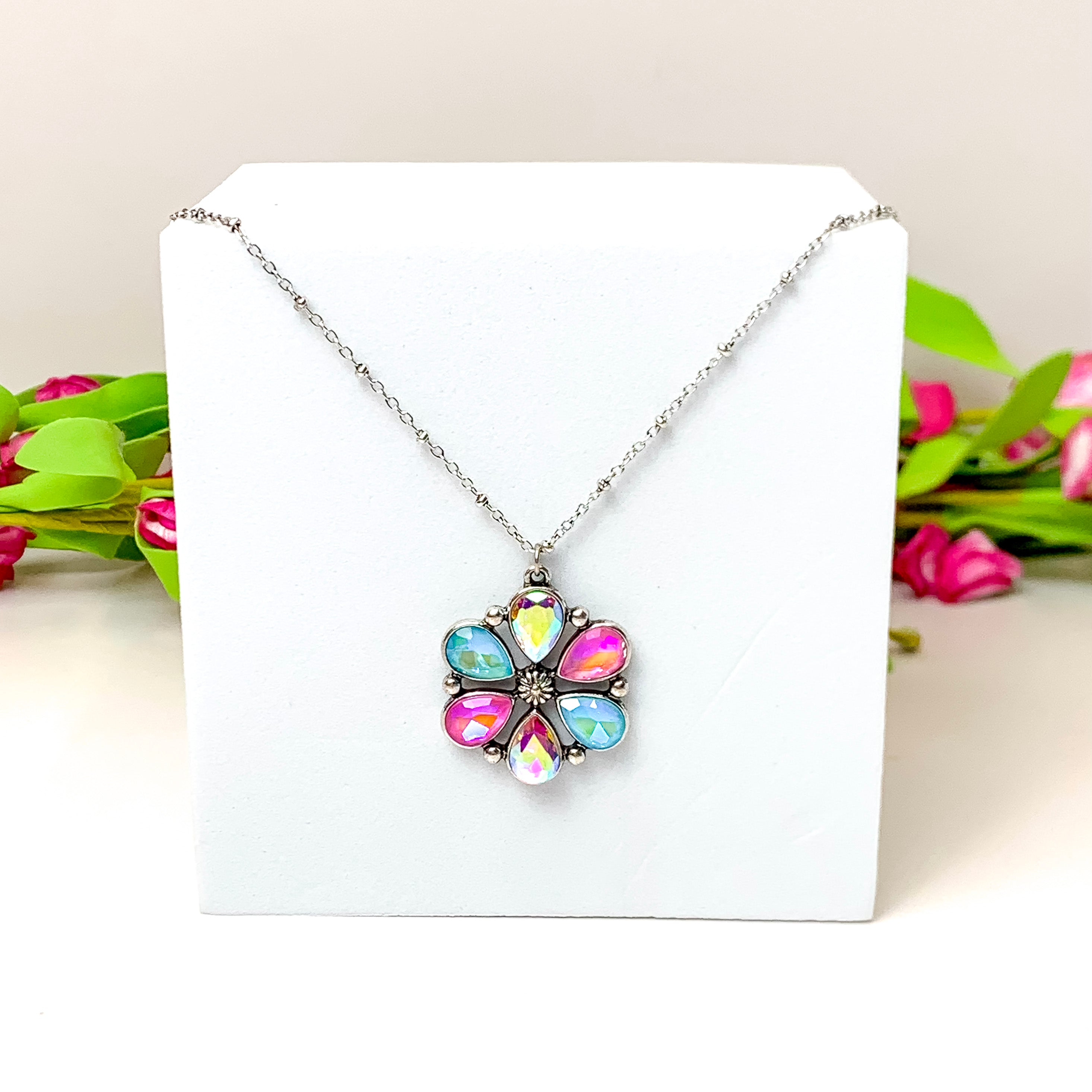 Petal Perfection Silver Tone Flower Pendant Necklace in Pink and Turquoise