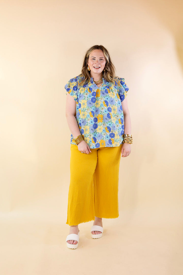 Right On Cue Elastic Waistband Cropped Pants with Frayed Hem in Yellow - Giddy Up Glamour Boutique