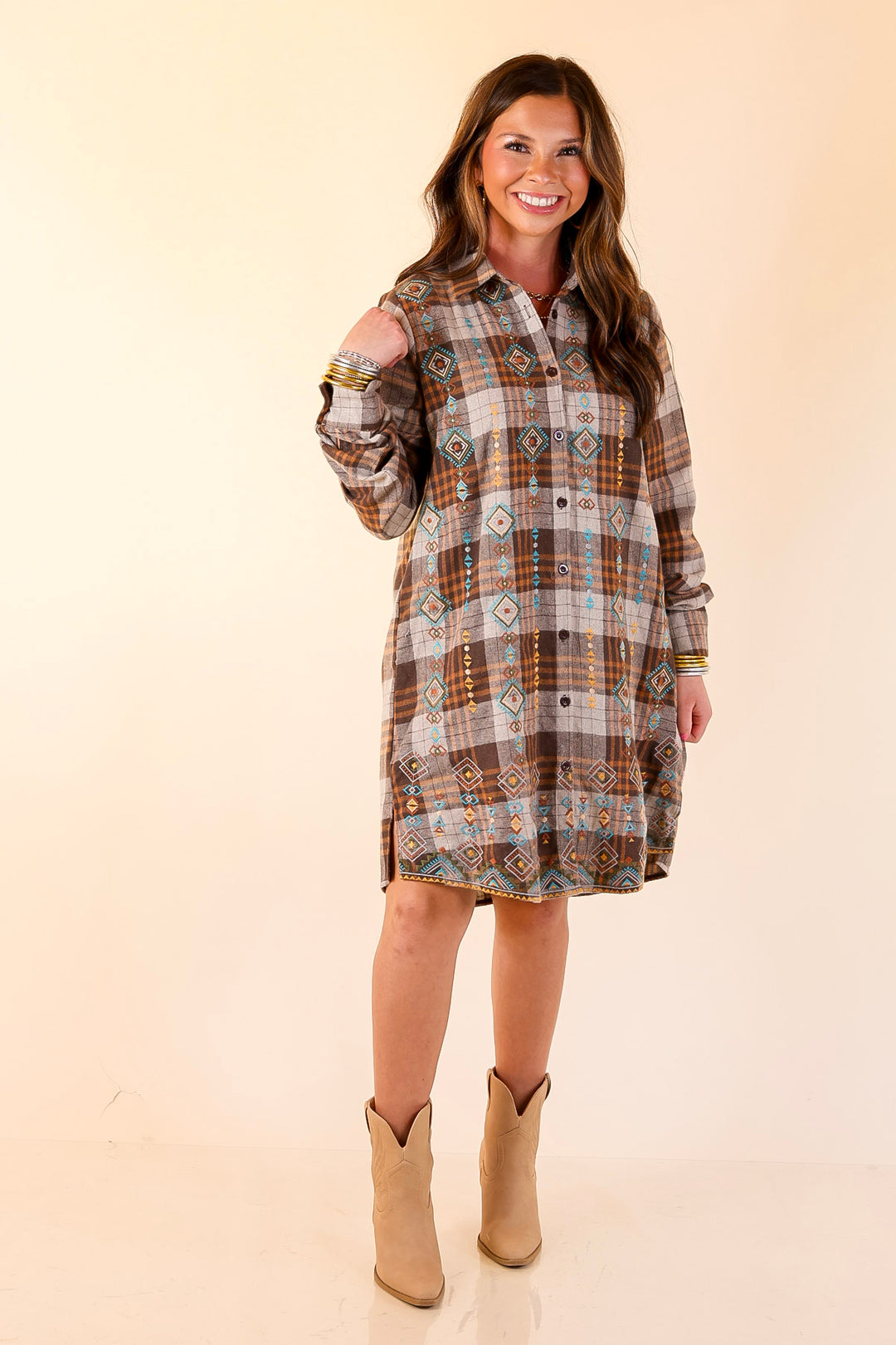 Loving In Layers Tribal Embroidered Plaid Button Up Dress in Brown Mix