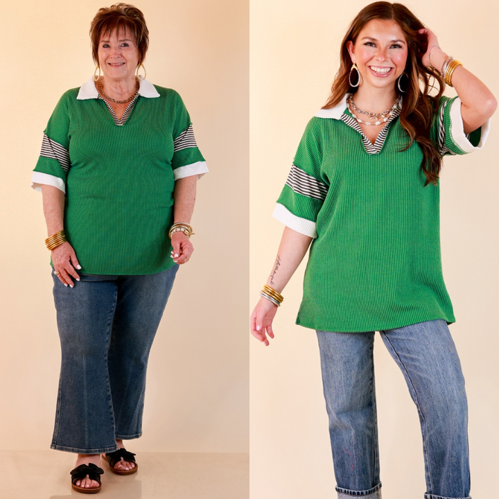 Chic by Design Ribbed Collared Top with Contrast Stripe Short Sleeves in Kelly Green