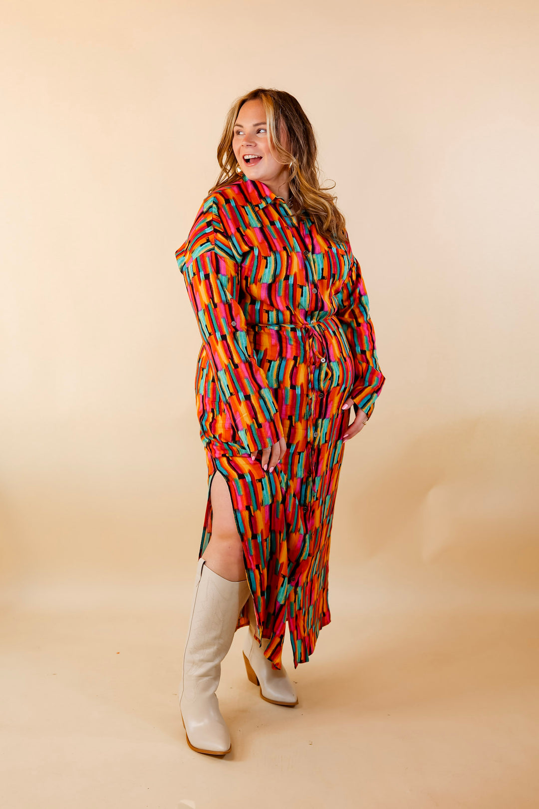 Play It Again Button Up Watercolor Maxi Dress With Embroidered Back - Giddy Up Glamour Boutique