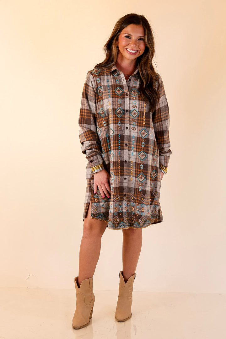 Loving In Layers Tribal Embroidered Plaid Button Up Dress in Brown Mix