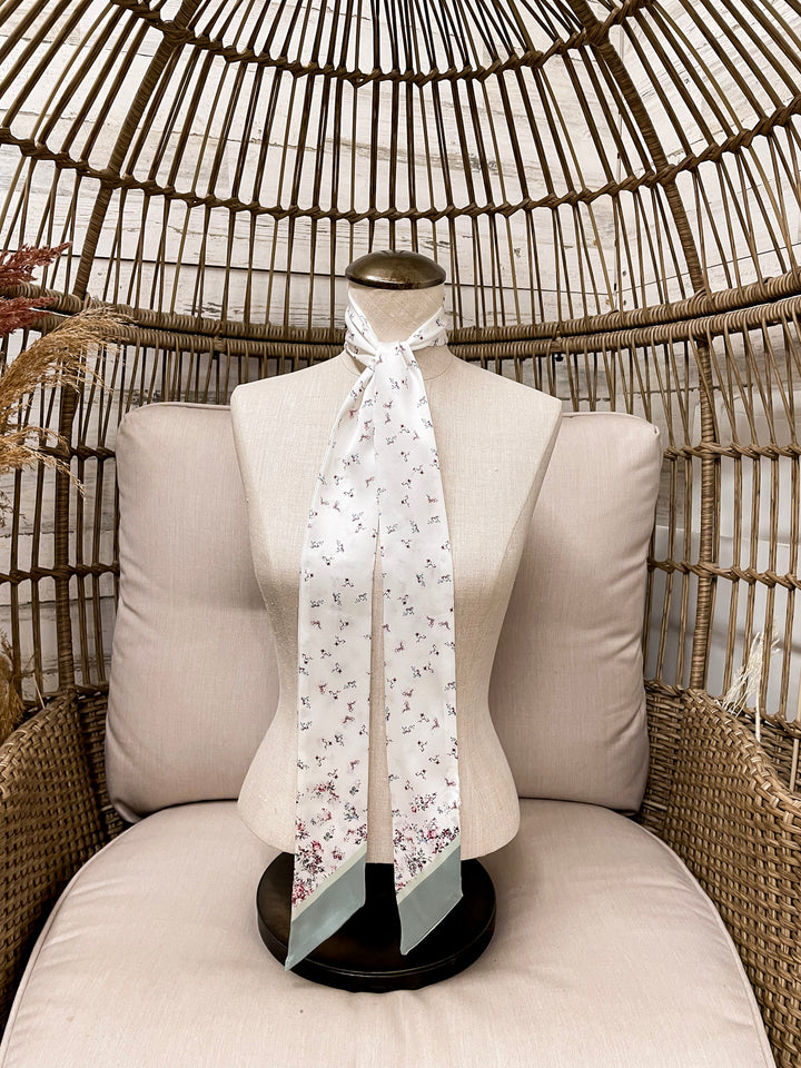 Wyoming Traders | Garden Charmeuse Floral Print Silk Twilly Scarf in White